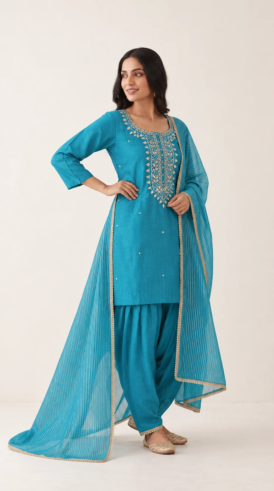 Aab turquoise blue Zardosi Maheshwari silk Farshi salwar set with tissue zari-striped dupatta, three-quarter view