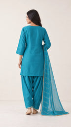 Aab turquoise blue Zardosi Maheshwari silk Farshi salwar set with tissue zari-striped dupatta, back view — thumbnail 3