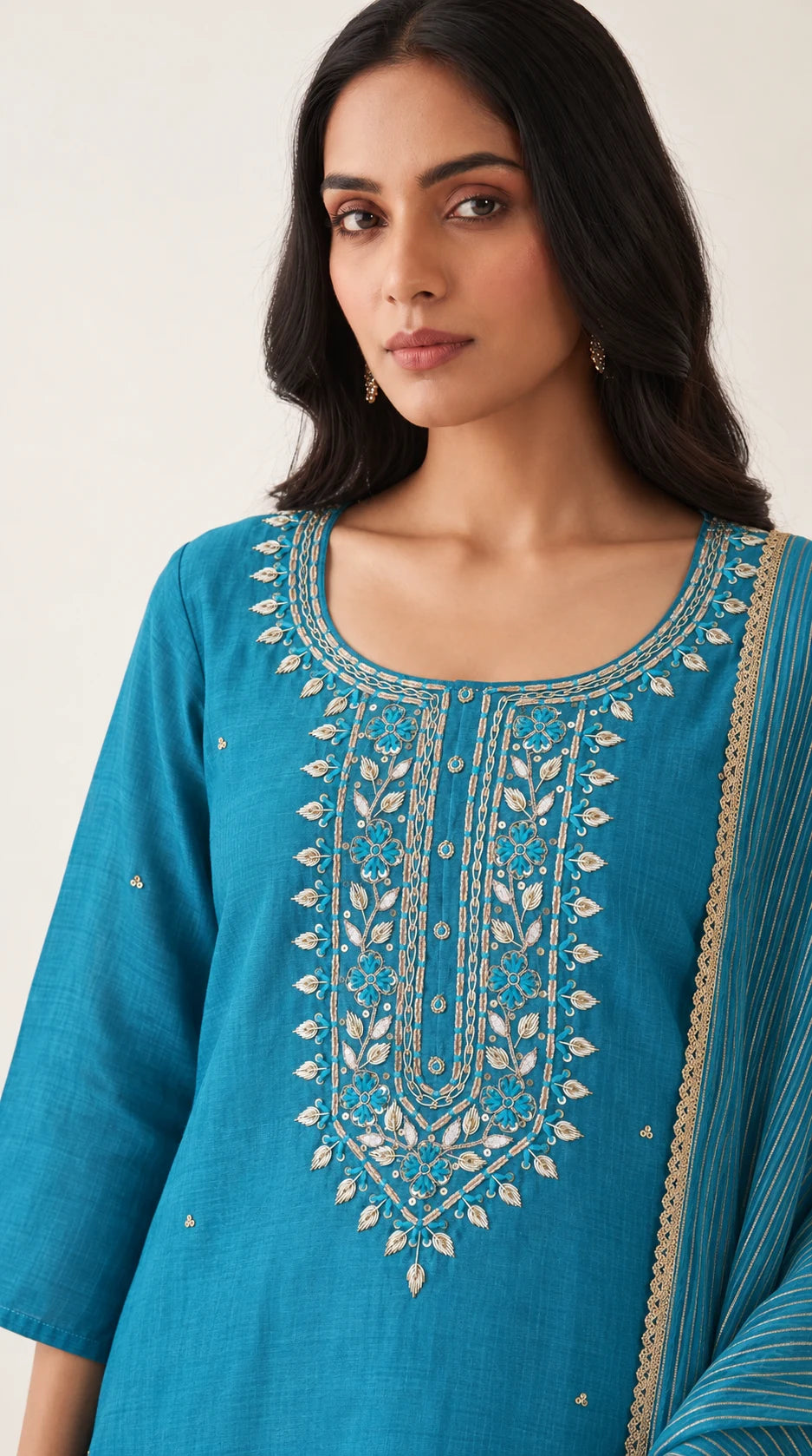 Aab turquoise blue Maheshwari silk kurta, floral placket Zardosi embroidery detail