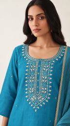 Aab turquoise blue Maheshwari silk kurta, floral placket Zardosi embroidery detail — thumbnail 4