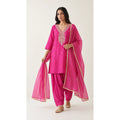 Rangrez rani pink Zardosi Maheshwari silk Farshi salwar set with tissue zari-striped dupatta, front view; full photograph centered on a square white canvas