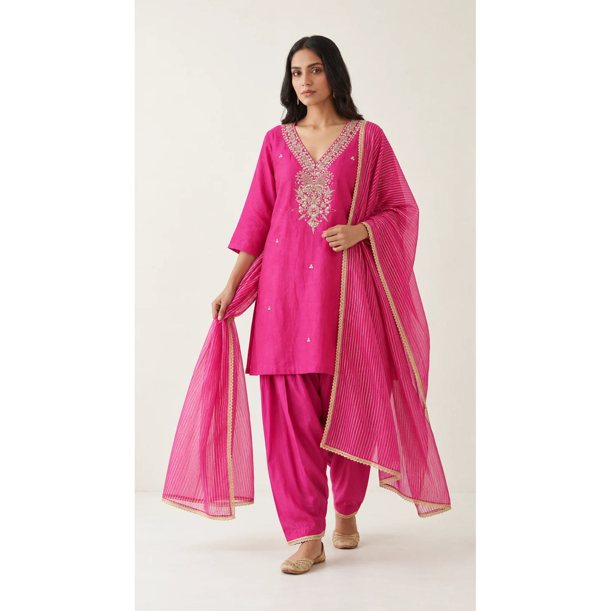 Rangrez rani pink Zardosi Maheshwari silk Farshi salwar set with tissue zari-striped dupatta, front view; full photograph centered on a square white canvas
