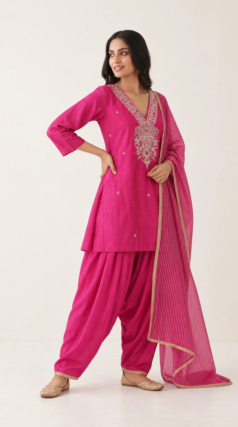 Rangrez rani pink Zardosi Maheshwari silk Farshi salwar set with tissue zari-striped dupatta, three-quarter view