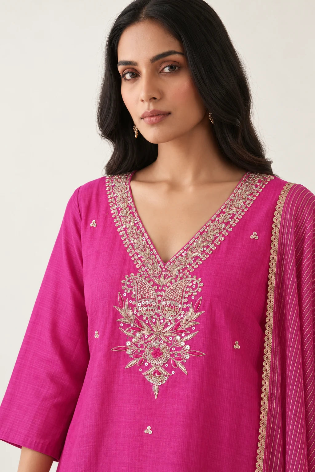 Rangrez rani pink Maheshwari silk kurta, paisley V-neck Zardosi embroidery detail