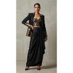 Black Banarasi Katan silk brocade three-piece set with modal silk blazer and draped skirt, full-length front with blazer; full photograph centered on a square white canvas — thumbnail 1
