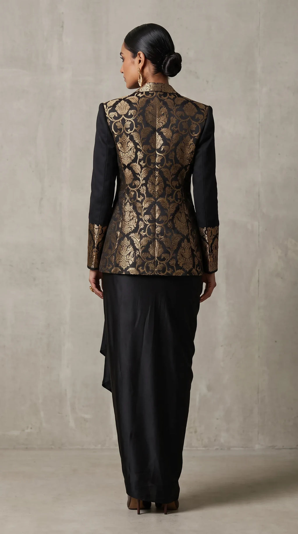 Black Banarasi Katan silk brocade three-piece set with modal silk blazer and draped skirt, full-length back with blazer