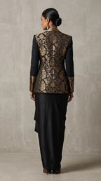 Black Banarasi Katan silk brocade three-piece set with modal silk blazer and draped skirt, full-length back with blazer — thumbnail 2