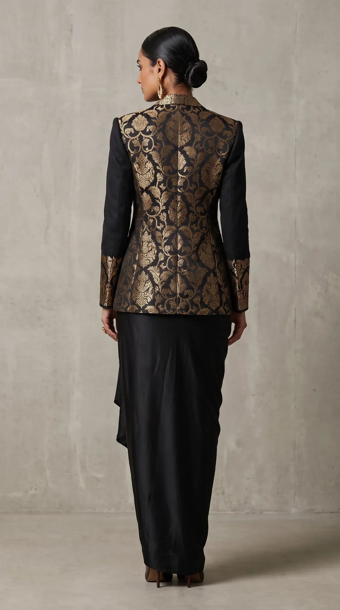 Black Banarasi Katan silk brocade three-piece set with modal silk blazer and draped skirt, full-length back with blazer