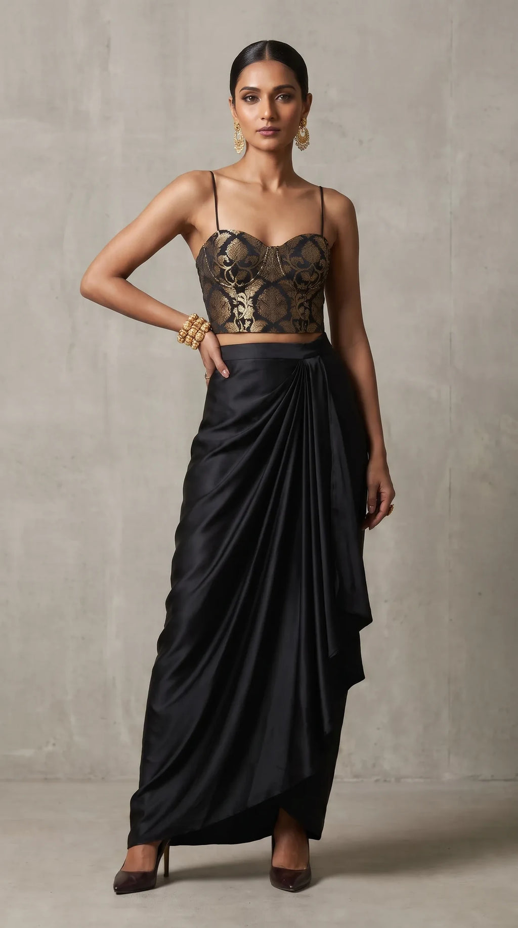 Black Banarasi Katan silk brocade three-piece set with modal silk blazer and draped skirt, front view without blazer