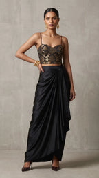 Black Banarasi Katan silk brocade three-piece set with modal silk blazer and draped skirt, front view without blazer — thumbnail 3