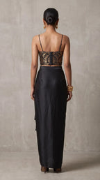 Black Banarasi Katan silk brocade three-piece set with modal silk blazer and draped skirt, back view without blazer — thumbnail 4