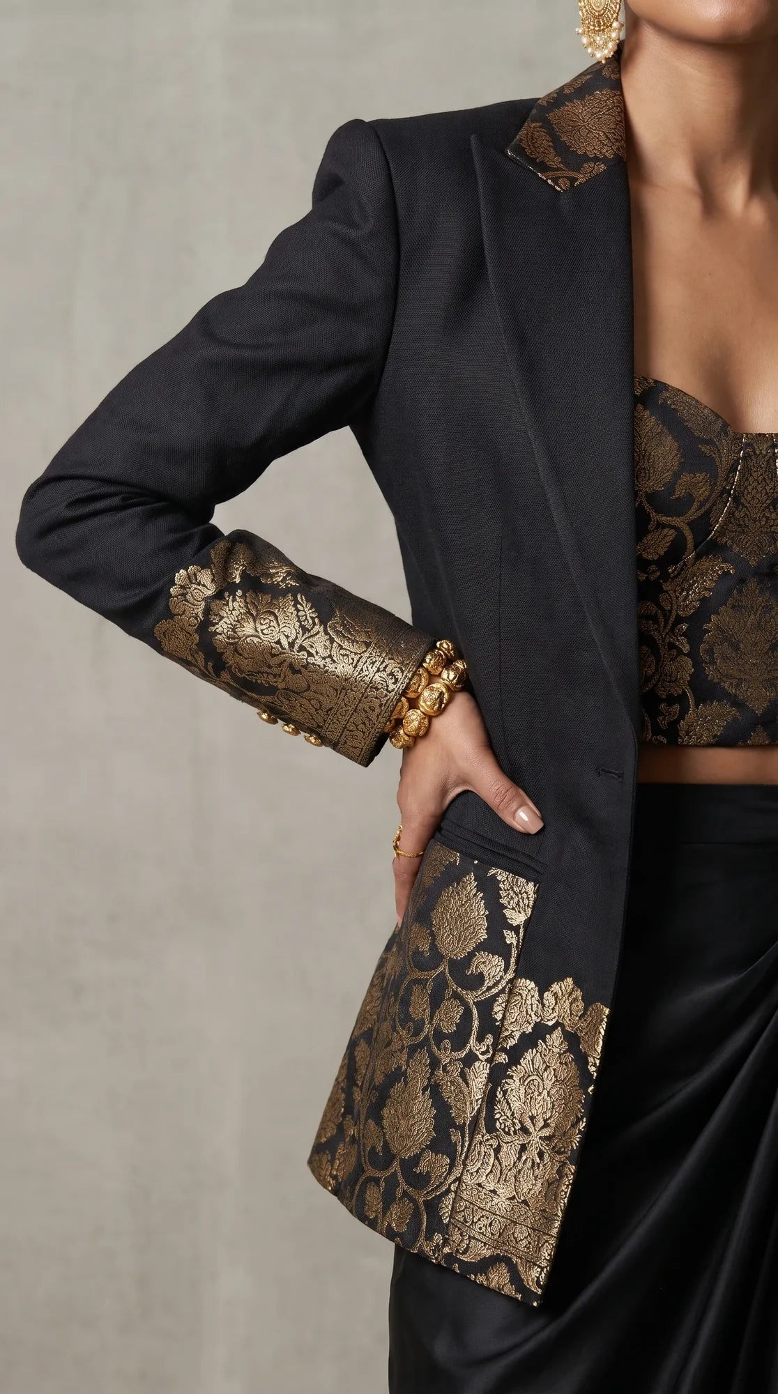 Black Banarasi Katan silk brocade three-piece set with modal silk blazer and draped skirt, brocade and blazer cuff detail