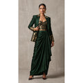 Deep Green Banarasi Katan silk brocade three-piece set with modal silk blazer and draped skirt, full-length front with blazer; full photograph centered on a square white canvas