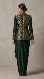 Deep Green Banarasi Katan silk brocade three-piece set with modal silk blazer and draped skirt, full-length back with blazer — thumbnail 2