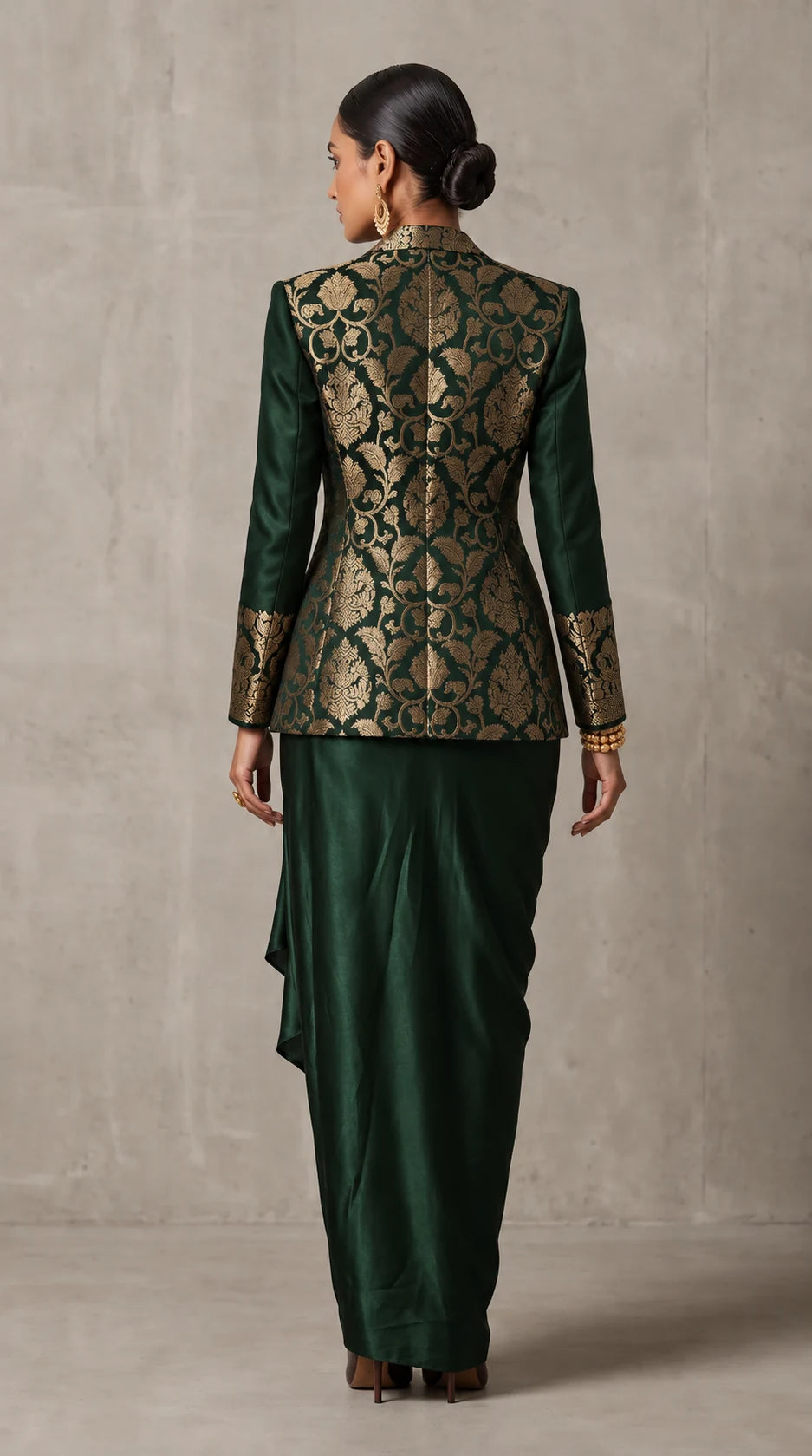 Deep Green Banarasi Katan silk brocade three-piece set with modal silk blazer and draped skirt, full-length back with blazer