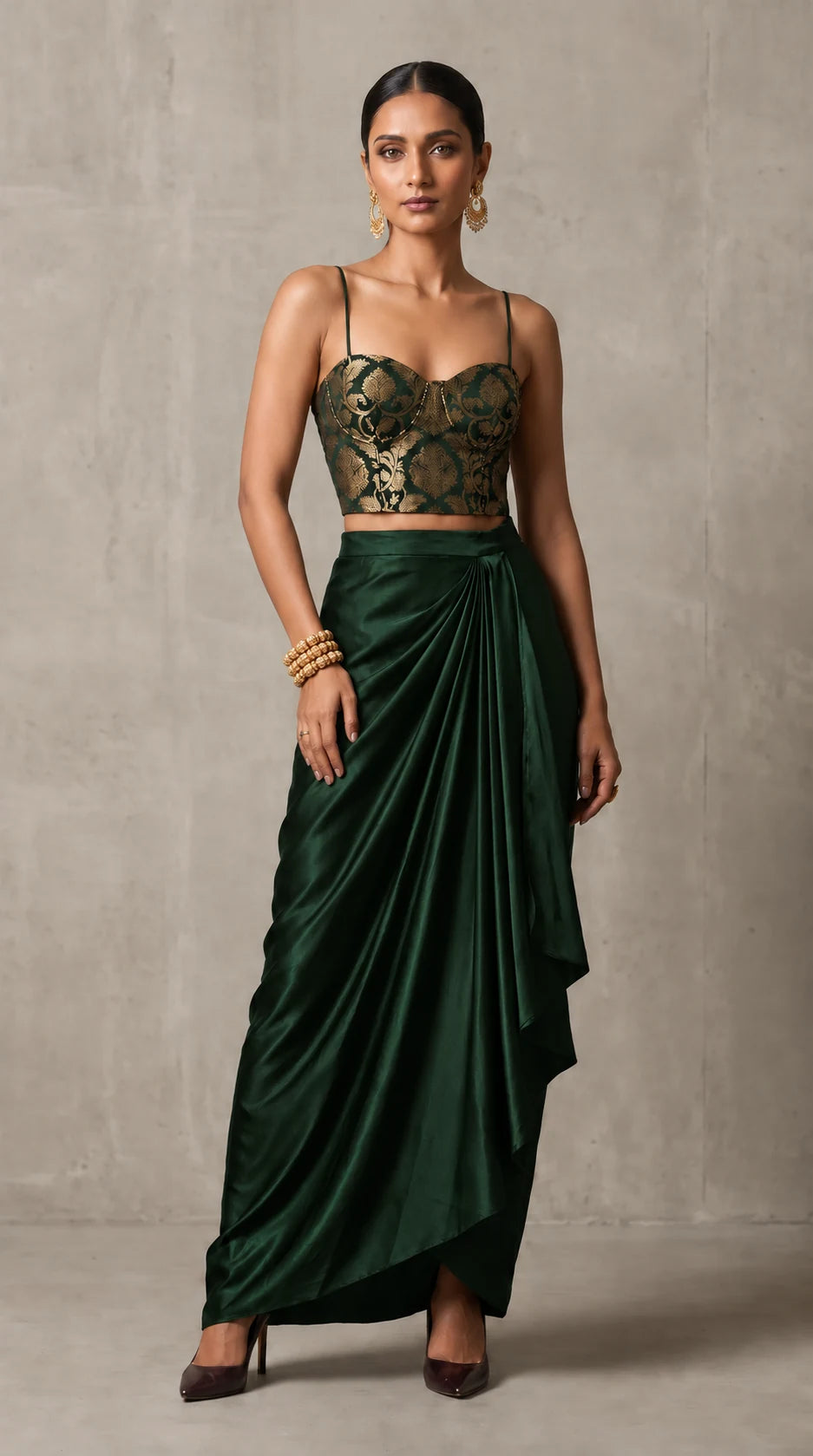 Deep Green Banarasi Katan silk brocade three-piece set with modal silk blazer and draped skirt, front view without blazer