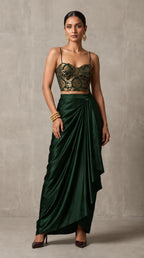 Deep Green Banarasi Katan silk brocade three-piece set with modal silk blazer and draped skirt, front view without blazer — thumbnail 3