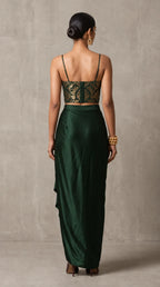 Deep Green Banarasi Katan silk brocade three-piece set with modal silk blazer and draped skirt, back view without blazer — thumbnail 4