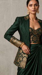 Deep Green Banarasi Katan silk brocade three-piece set with modal silk blazer and draped skirt, brocade and blazer cuff detail — thumbnail 5