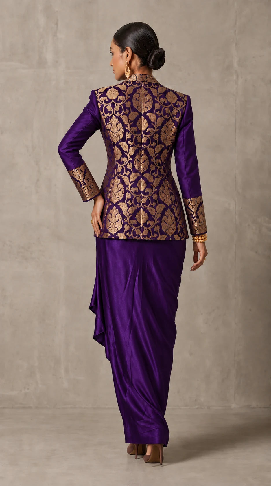 Purple Banarasi Katan silk brocade three-piece set with modal silk blazer and draped skirt, full-length back with blazer