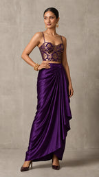 Purple Banarasi Katan silk brocade three-piece set with modal silk blazer and draped skirt, front view without blazer — thumbnail 3