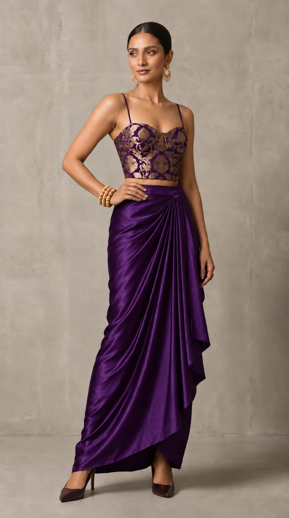 Purple Banarasi Katan silk brocade three-piece set with modal silk blazer and draped skirt, front view without blazer