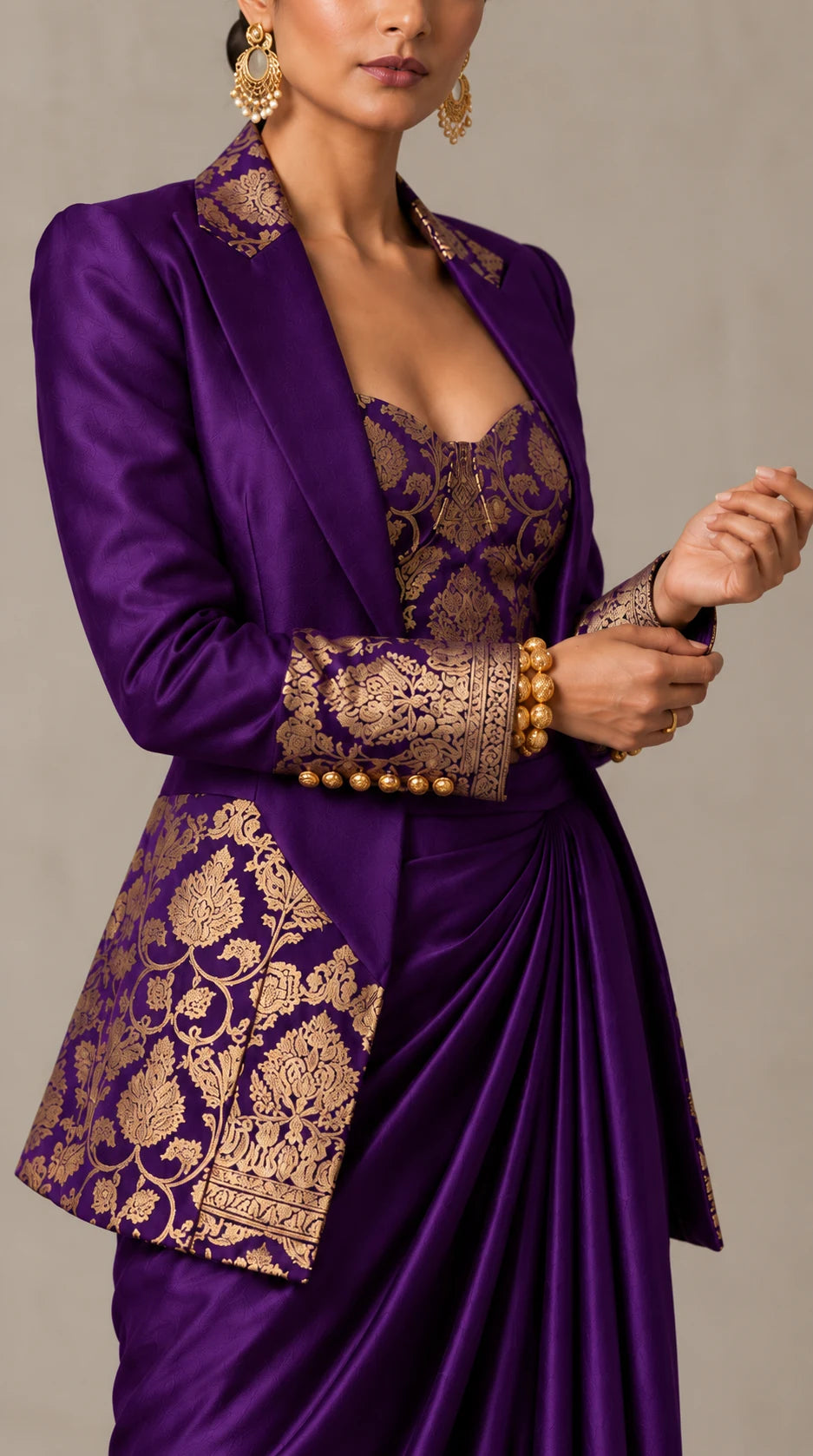 Purple Banarasi Katan silk brocade three-piece set with modal silk blazer and draped skirt, brocade and blazer cuff detail