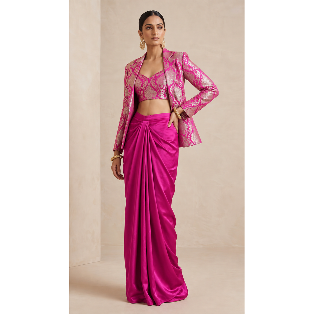 ZARVIA Fuchsia Pink Satin Kimkhab Brocade Blazer and Modal Silk Draped Skirt Set, front view on a square canvas with white side borders