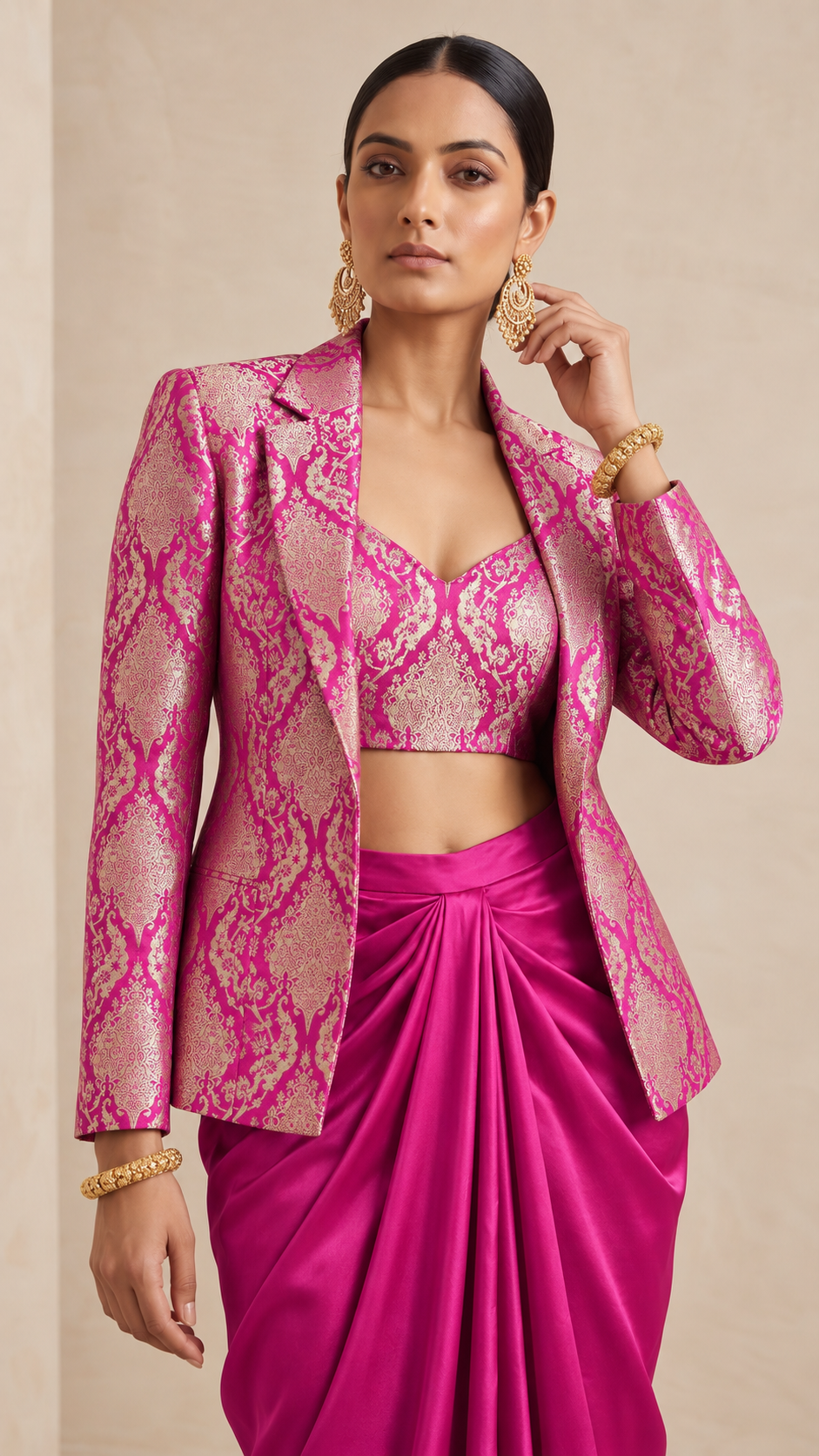 ZARVIA Fuchsia Pink Satin Kimkhab Brocade Blazer and Modal Silk Draped Skirt Set, close-up showing brocade and tailoring