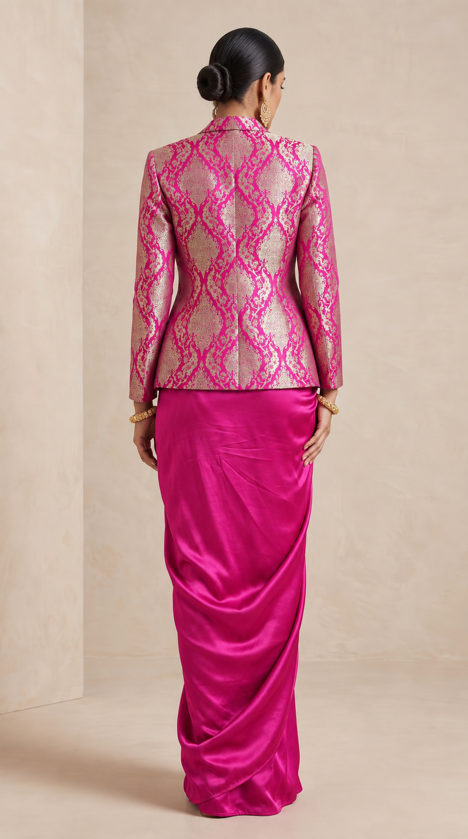 ZARVIA Fuchsia Pink Satin Kimkhab Brocade Blazer and Modal Silk Draped Skirt Set, back view