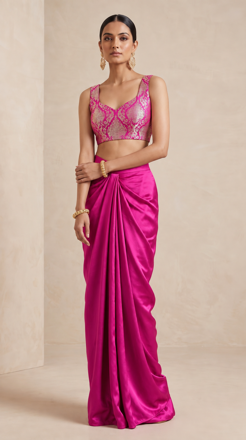 ZARVIA Fuchsia Pink Satin Kimkhab Brocade Blazer and Modal Silk Draped Skirt Set, front view without blazer